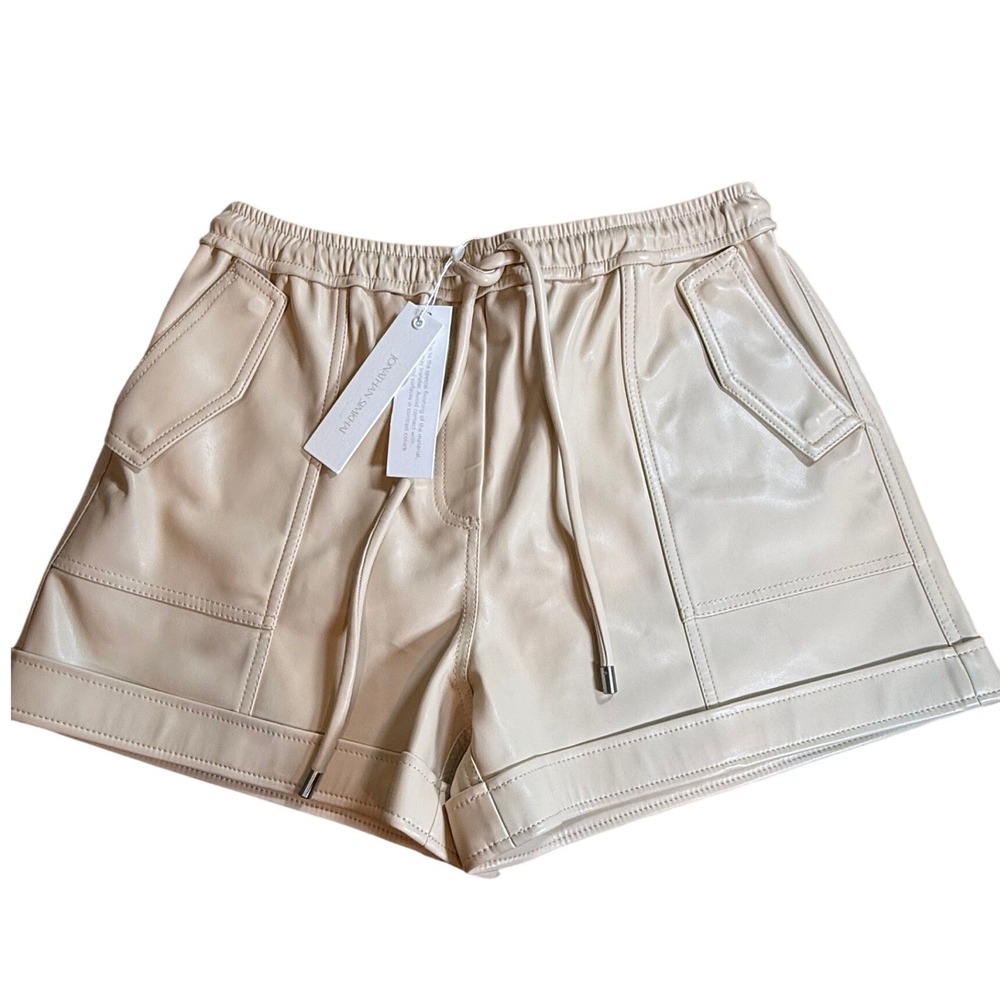 Jonathan Simkhai Vegan Leather Shorts Vanilla Cream Drawstring Pockets Medium